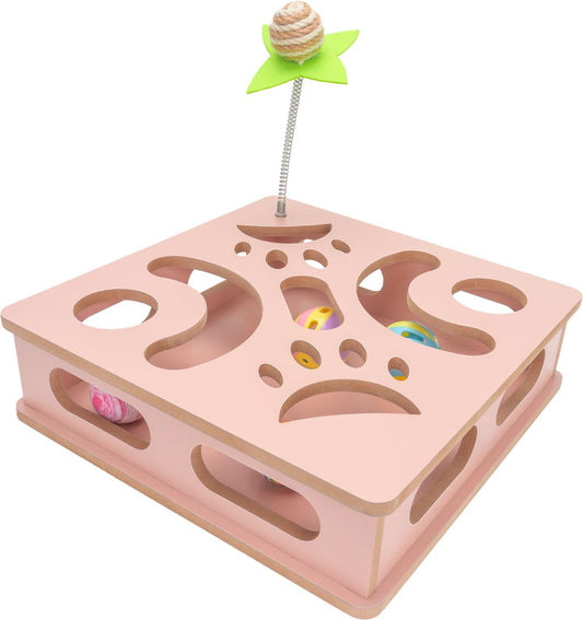 Interactive Wooden Cat Puzzle Toy Box Indoor Hunting Play Toy to Stimulate Your Cat’s Energy and Instincts (Pink)