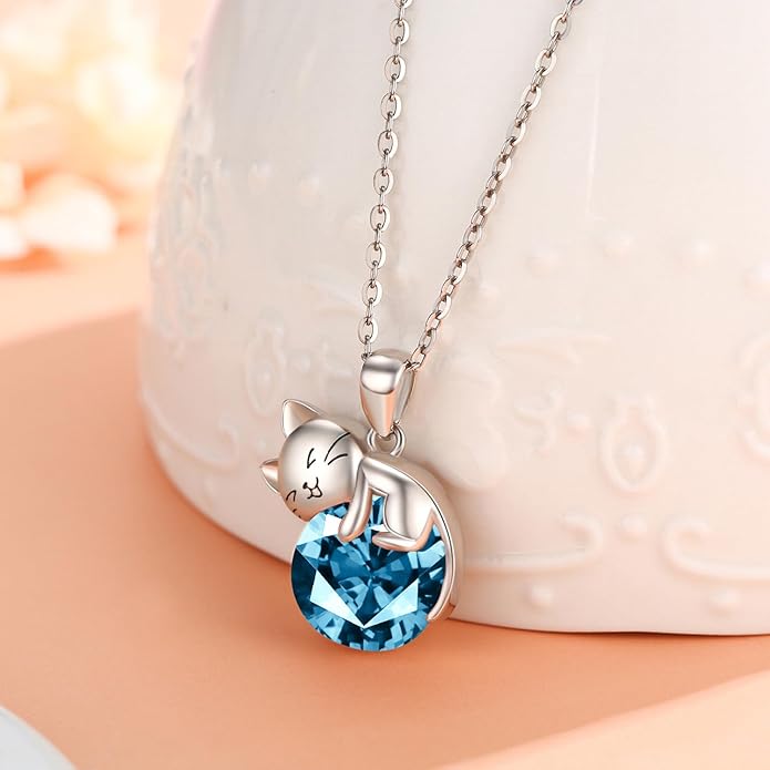 LONAGO Cat Necklace with Birthstone 925 Sterling Silver Cat Pendant Necklace Gift for Women