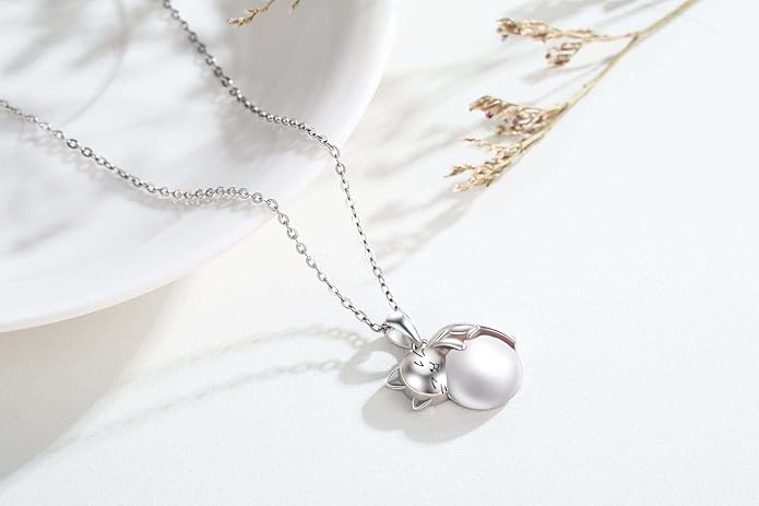 Cat Necklace Sterling Silver Cat Pendnat with Rose Quartz Pearl Jewelry Gifts for Women Cat Lovers