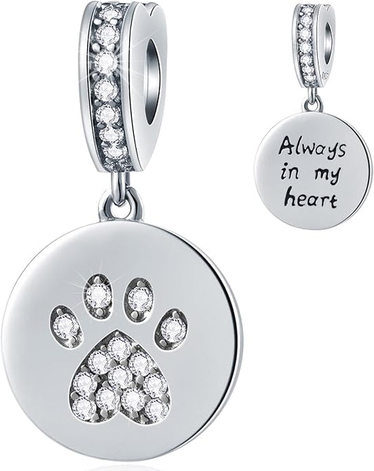 GEMDAZZ Sparkling Puppy Paw Print Charms in 925 Sterling Silver, Pave Dog Pawprint CZ Round Beads and Always in My Heart Charms, Gift for Animal Lover, fit European Women Bracelet/Necklace