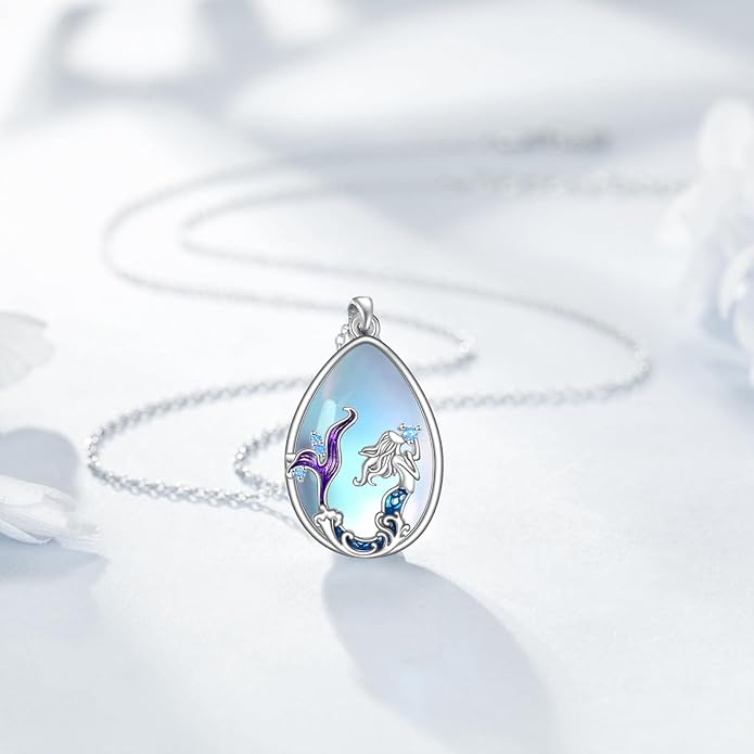 LUHE Moonstone Necklace 925 Sterling Silver Fox/Axolotl/Cat/Raccoon/Penguin/Frog/Panda/Highland Cow Pendant Necklace Animal Jewelry Gifts for Women