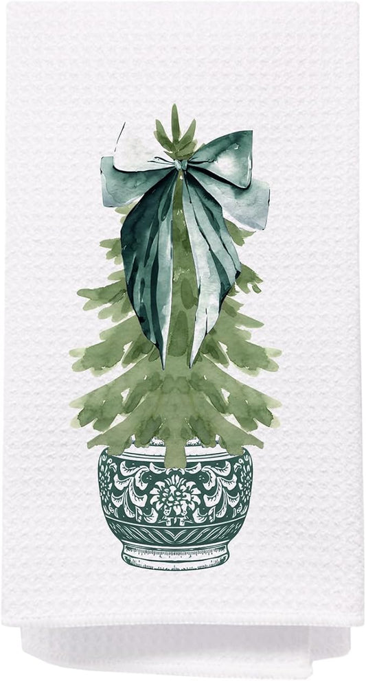 SPBL&L Chinoiserie Christmas Kitchen Towels, Dark Green Porcelain Chinoiserie Christmas Tree Hand Towels, Green Bow Christmas Dish Towels for Kitchen, Christmas Kitchen Bathroom Decor, 16x24 Inch