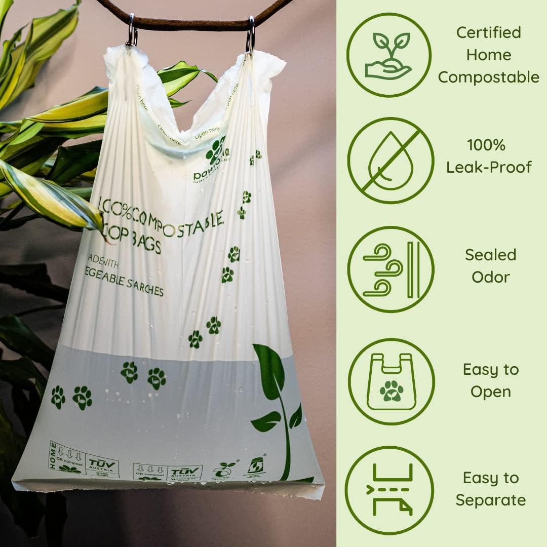 Certified Home Compostable Dog Poop Bags (60) + Pink Poop Bag Carrier, Biodegradable Poop Bags, Cat Litter, Vegetable Starches, Leakproof Dog Waste Bags, Easy to Open