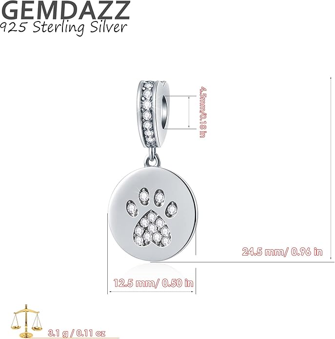 GEMDAZZ Sparkling Puppy Paw Print Charms in 925 Sterling Silver, Pave Dog Pawprint CZ Round Beads and Always in My Heart Charms, Gift for Animal Lover, fit European Women Bracelet/Necklace