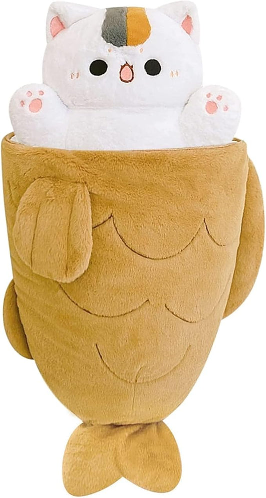Ditucu 15.7 inch Taiyaki Cat Plush Pillow Cute Kitten Inside Fish 2 in 1 Soft Stuffed Animal Plushies Toys with Outfit Sleeping Doll Gifts for Girls Boys