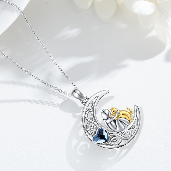 JUSTKIDSTOY Sterling Silver Cute Animal Pendant Necklace with Crystal Cat Pendant - Women's Cat Lovers Jewelry Gift