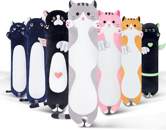 Long Cat Plush Body Pillow, Cute Cat Plush Toy Pillows with Wings, Stuffed Animals Kitten Soft Plushies Gifts for Kids Girls Girlfriend(Grey, 27.6in/70cm)