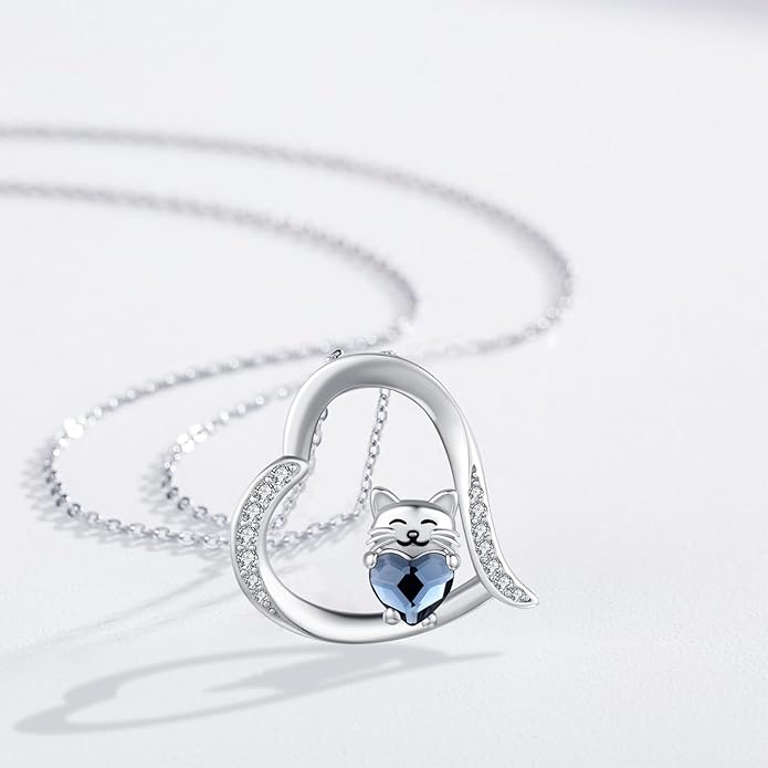 JUSTKIDSTOY Sterling Silver Cute Animal Pendant Necklace with Crystal Cat Pendant - Women's Cat Lovers Jewelry Gift