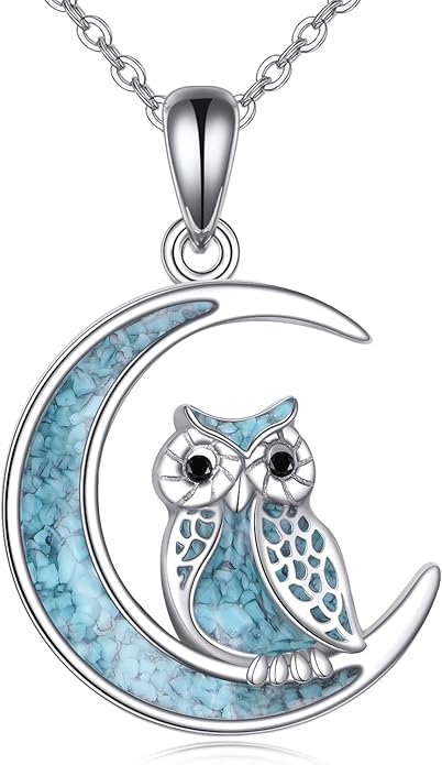 Turquoise Animal Necklace 925 Sterling Silver Cat/Fox/Owl Moon Pendant Jewelry Gift for Women
