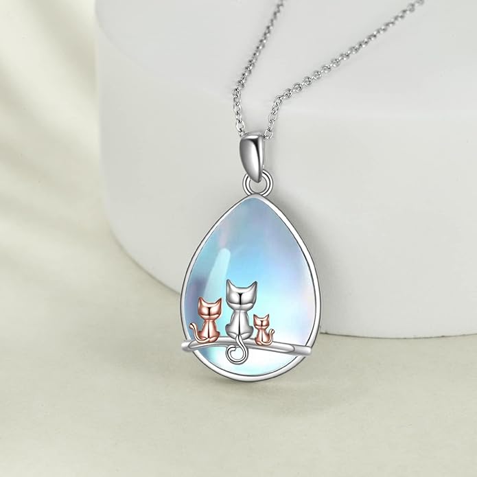POPLYKE Cat/Family Cat Necklace for Women 925 Sterling Silver Celtic Moon Cat Wiccan Jewelry for Wife