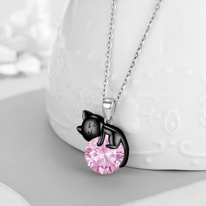 Cat Necklace Sterling Silver Cat Pendnat with Rose Quartz Pearl Jewelry Gifts for Women Cat Lovers