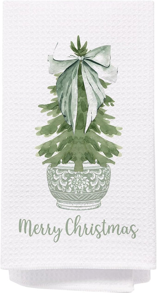 Merry Chinoiserie Christmas Kitchen Towels, Sage Green Porcelain Tree Hand Towels for Bathroom, Bow Dish Towels, Kitchen Bathroom Decor, 16x24 Inch
