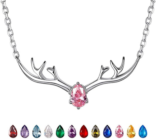 SILVERCUTE Sterling Silver Birthstone Necklaces for Women, Xmas Antler Deer Pendant Necklace with Colorful Cubic Zirconia,16-18 inches