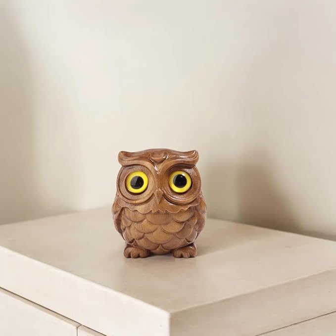 Owl Wooden Figurine,Handmade Art Carved Miniature Animal Garden Statue Collectible,Gift Holiday Home Decor,for Office, Desktop, Bedroom, Living Room, Bookshelf Decoration