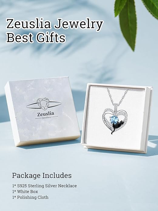 Birthstone Cat Necklaces,925 Sterling Silver Cat Necklace Heart Pendant for Women,Dainty Animal Jewelry for Her,Wedding Anniversary Birthday Gifts for Women Mom Grandma