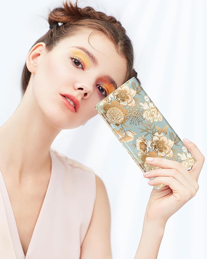 Nipichsha Womens Wallet, RFID Slim Wallets for Women, Thin Ladies Credit Card Holder Purse, Cute Leather Bifold Clutch Billfold with 11 Card Slots & ID Window, Blooming Flowers