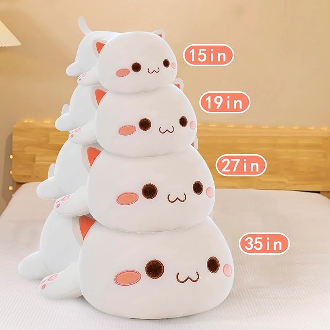 FUYU Cat Stuffed Animals, Soft Cat Plush Pillow Kawaii Kitten Stuffed Animal Toy Gifts for Kids Boys Girls Room Decor (White Round Eyes,35in/87)