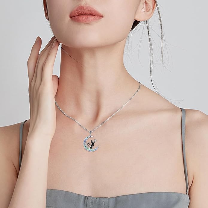 925 Sterling Silver Celtic Crescent Moon Animal Necklace for Women Fox/Black Cat/Hummingbird Crystal/Abalone Shell Pendant Jewelry Gift for Mom Daughter