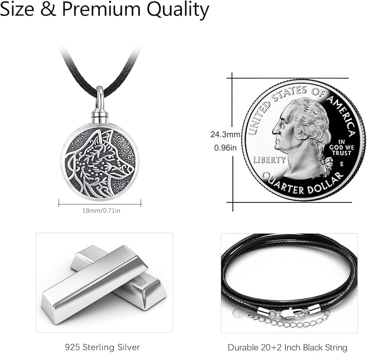 MEDWISE Wing/Wolf/Compass Urn Necklace for Ashes 925 Sterling Silver Necklace Guardian Angel Ashes Keepsake Memorial Urn Pendant Pet Cremation Jewelry for Ashes Memorial Jewelry for Dog Cat Pet Men