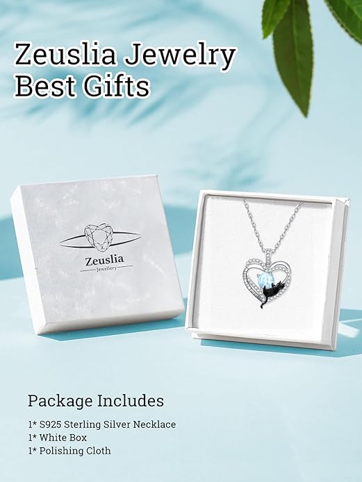 Birthstone Cat Necklaces,925 Sterling Silver Cat Necklace Heart Pendant for Women,Dainty Animal Jewelry for Her,Wedding Anniversary Birthday Gifts for Women Mom Grandma