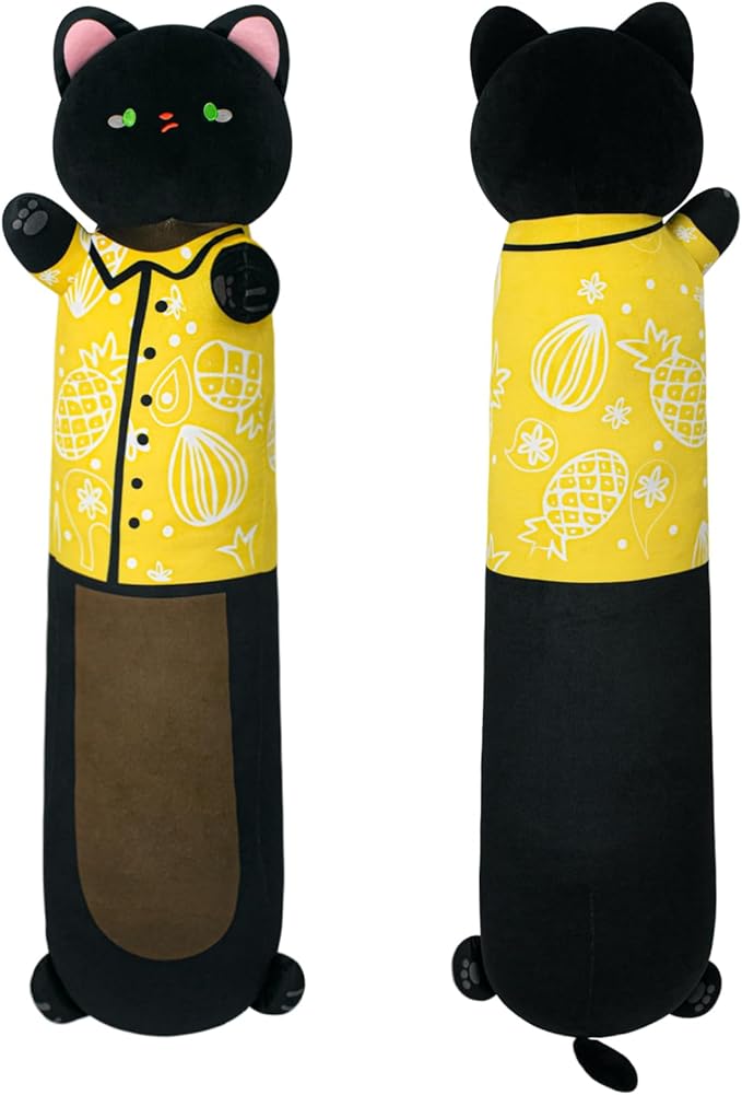 Long Cat Plush Body Pillow - Soft Plush Kitty-Shaped Cushion for Kids and Lovers (Black, 28")