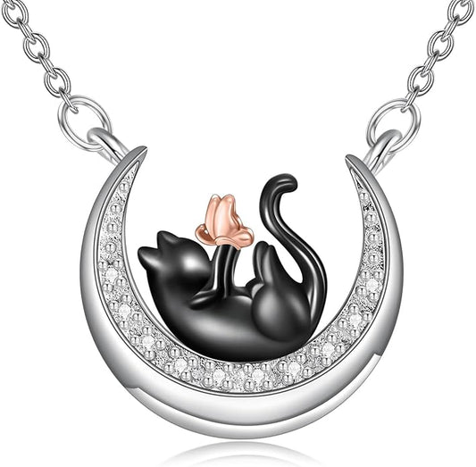 Diamond Black Cat Necklace 925 Sterling Silver Cute Animal Pendant for Women Jewelry Gifts for Anniversary