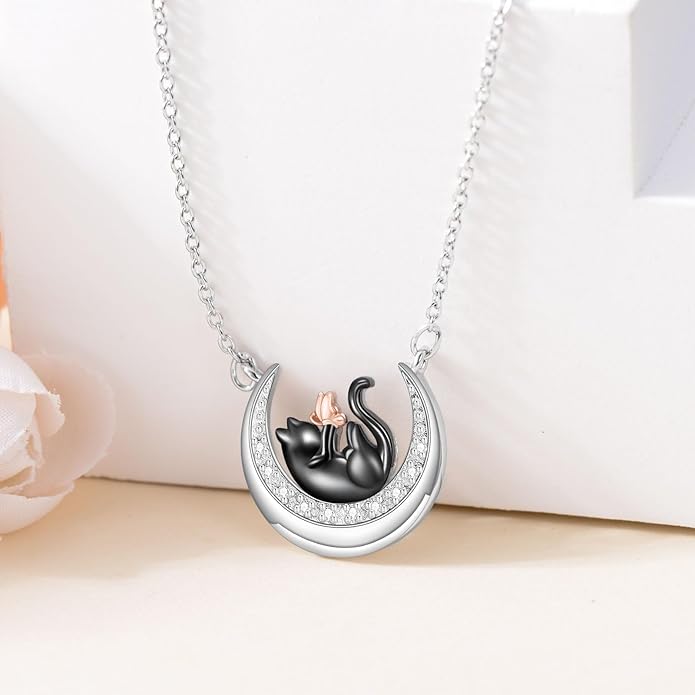Diamond Black Cat Necklace 925 Sterling Silver Cute Animal Pendant for Women Jewelry Gifts for Anniversary