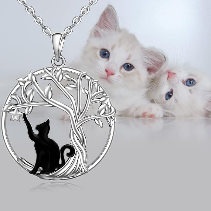 Cat Necklace Black Cat Necklace for Women Sterling Silver Tree of Life Necklaces Pendant for Cats Lovers White Gold Gifts Jewelry