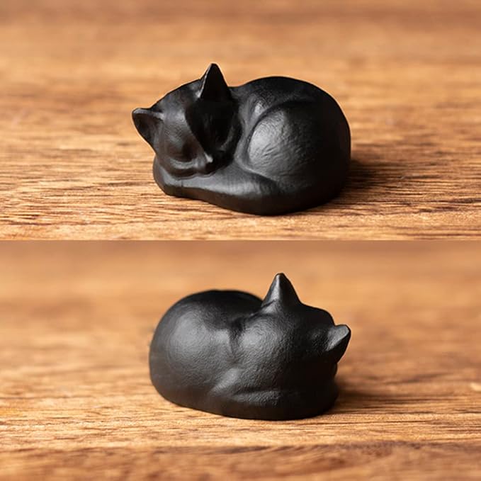 OwMell Tiny Sleeping Cat Statue Hand-Carved Healing Stone Gemstone Little Kitten Statue Figurine 2" - Black Obsidian