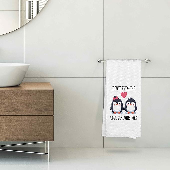 I Just Freaking Love Penguins Kitchen Towels Decorative Gifts for Penguin Lovers 16x24, Penguin Dish Towel Cloths Dishcloths Tea Towel, Penguin Bathroom Kitchen Hand Towel Decor