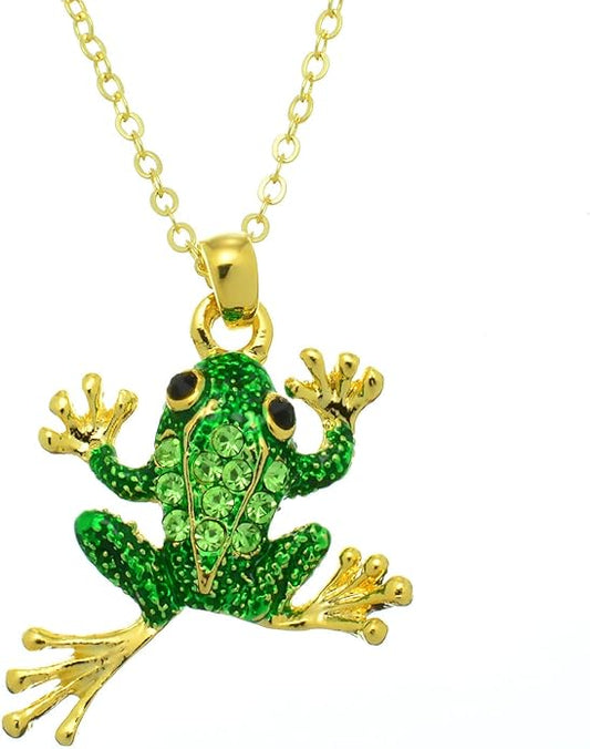 PammyJ Green Crystal Frog Charm Goldtone Necklace, 18"