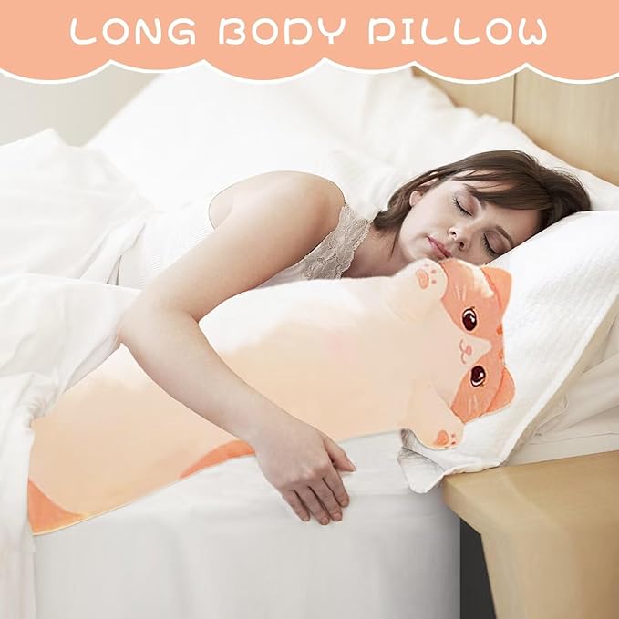 Cat Stuffed Animal Kids Body Pillow for Girls – Soft Cute Plushies Long Cat Hugging Body Pillow with Removable Zipper Cover, Pink Cat Plush Pillow for Cuddling, Sofa or Bed Décor