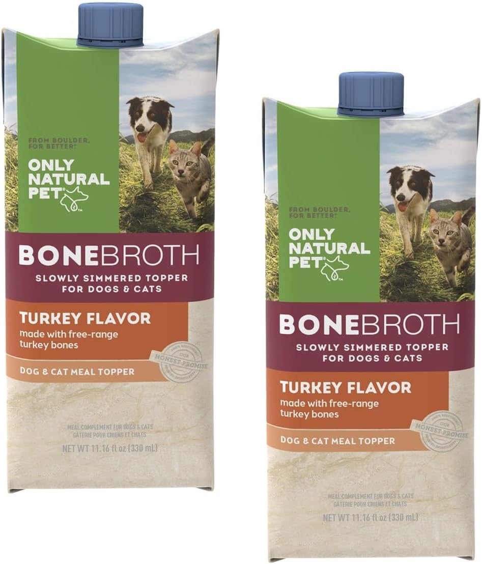 Only Natural Pet Bone Broth Turkey Flavor Dog & Cat Meal Topper, 100% Human-Grade Slow-Simmered, Free-Range for Dry Food or to Hydrate Dehydrated Food - (2-Pack / 11.16 oz Each)