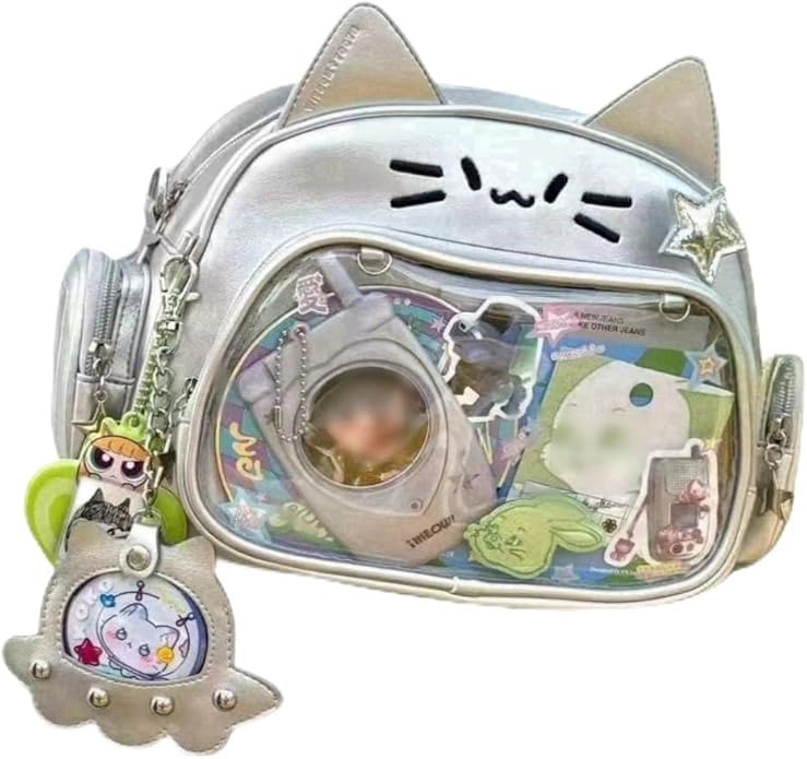 Cat Ita Bag Pin Display Backpack for School PU Leather Preppy Backpack for Girls Y2k Aesthetic Single Shoulder Bag