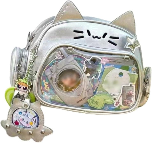 Cat Ita Bag Pin Display Backpack for School PU Leather Preppy Backpack for Girls Y2k Aesthetic Single Shoulder Bag