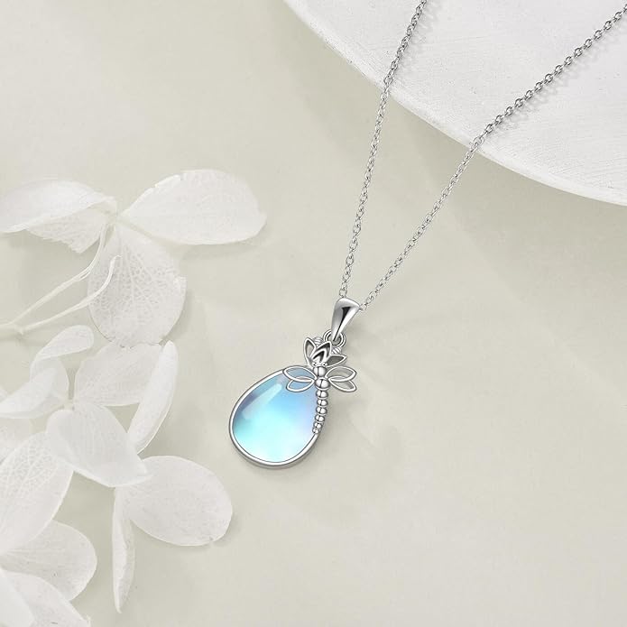 CRMAD Daisy/Black Cat/Dragonfly/Daffodil/Hummingbird/Stingray/Phoenix Feather/Rose Necklace Sterling Silver Moonstone Teardrop Pendant Necklace Flower Animal Jewelry Gifts for Women