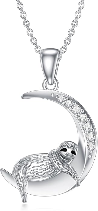 Diamond Black Cat/Red Panda/Sloth/Deer/Unicorn Necklace for Women 925 Sterling Silver Sleeping Animal and Moon Pendant with Lab Grown Diamonds Jewelry Gifts