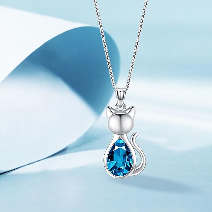 Odinstone Cat Birthstone Necklaces Jewelry Sterling Silver Cat Pendant Necklace Gift for Women Gifts, 18'' Silver Box Chain Women's Birthstone Crystal Cat Jewelry Gifts