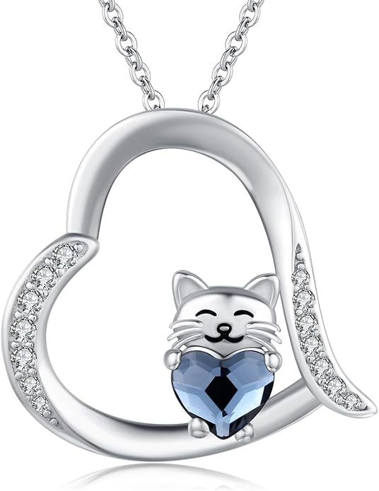 JUSTKIDSTOY Sterling Silver Cute Animal Pendant Necklace with Crystal Cat Pendant - Women's Cat Lovers Jewelry Gift
