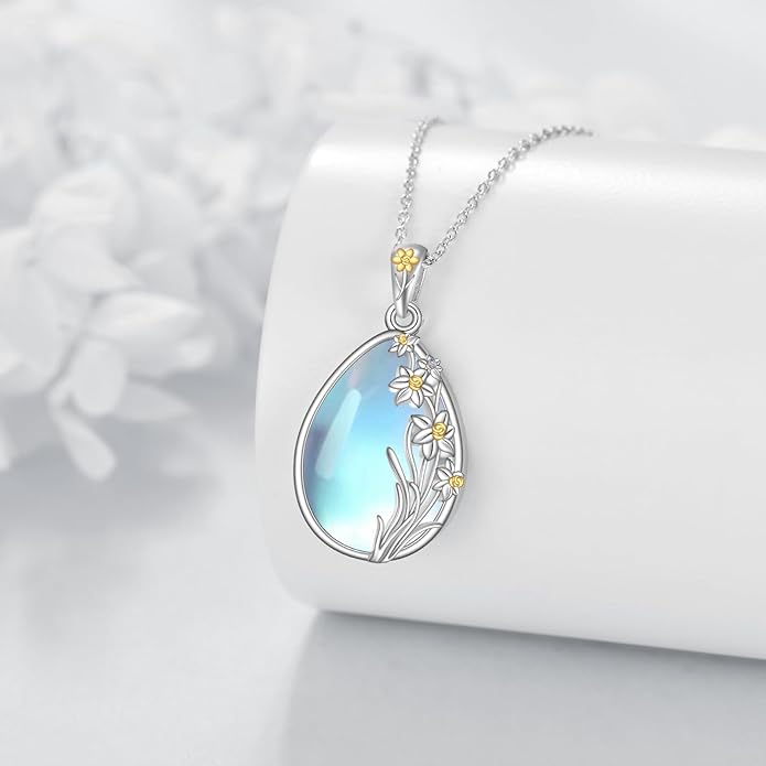 CRMAD Daisy/Black Cat/Dragonfly/Daffodil/Hummingbird/Stingray/Phoenix Feather/Rose Necklace Sterling Silver Moonstone Teardrop Pendant Necklace Flower Animal Jewelry Gifts for Women