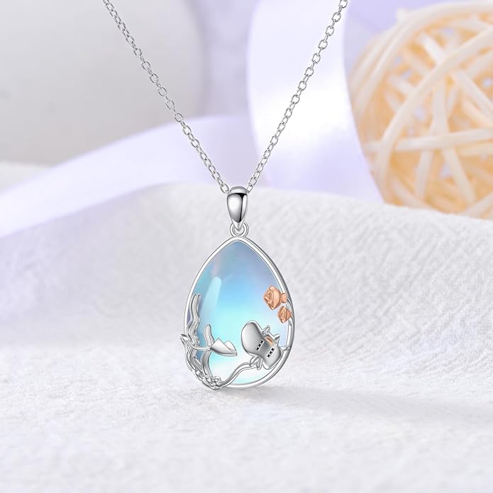 CRMAD Daisy/Black Cat/Dragonfly/Daffodil/Hummingbird/Stingray/Phoenix Feather/Rose Necklace Sterling Silver Moonstone Teardrop Pendant Necklace Flower Animal Jewelry Gifts for Women