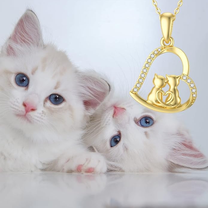 Cat Necklace for Women 14K Solid Gold Cat Lover Gift Eternal Love Heart Necklace for Wife and Mom