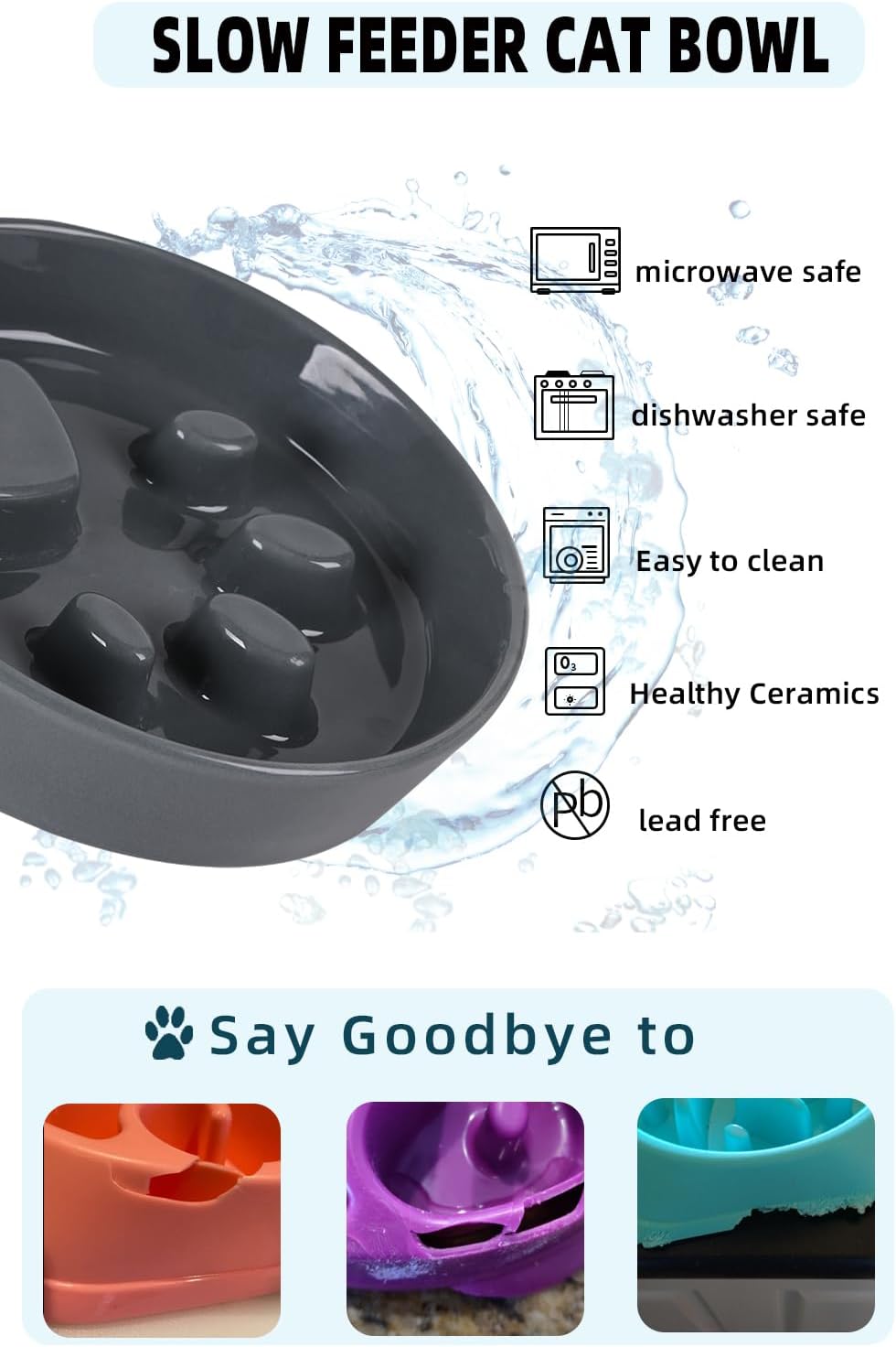 Slow Feeder Cat Bowls, Ceramic Fun Slow Eater Bowl for Cats (Grey)