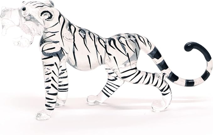 ChangThai Design Tiny 3½" Clear Black Striped Roaring Tiger Figurine - Miniature Hand Blown Glass Tigers Wild Cats Wildlife Felidae Animal Crystal Decorative Figure Collectible Figurines Décor Gifts