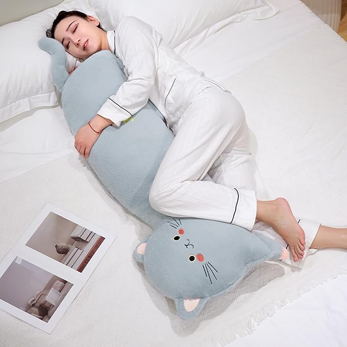 PEACH CAT 31.5" Long Cat Plush Pillow Cute Kitten Stuffed Animals Soft Plushies Toy Gifts for Kids Grey