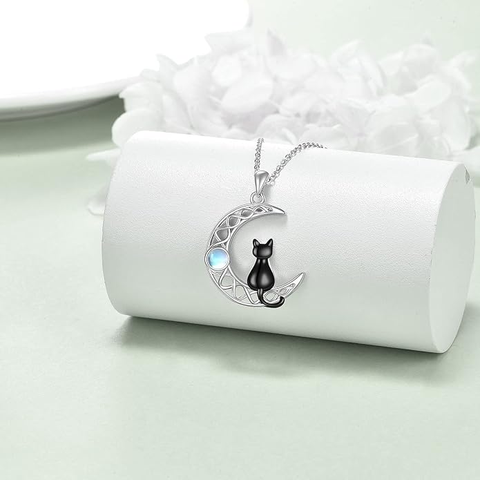 CRMAD Black Cat Necklace for Women Sterling Silver Moonstone Cat Jewelry Irish Gifts