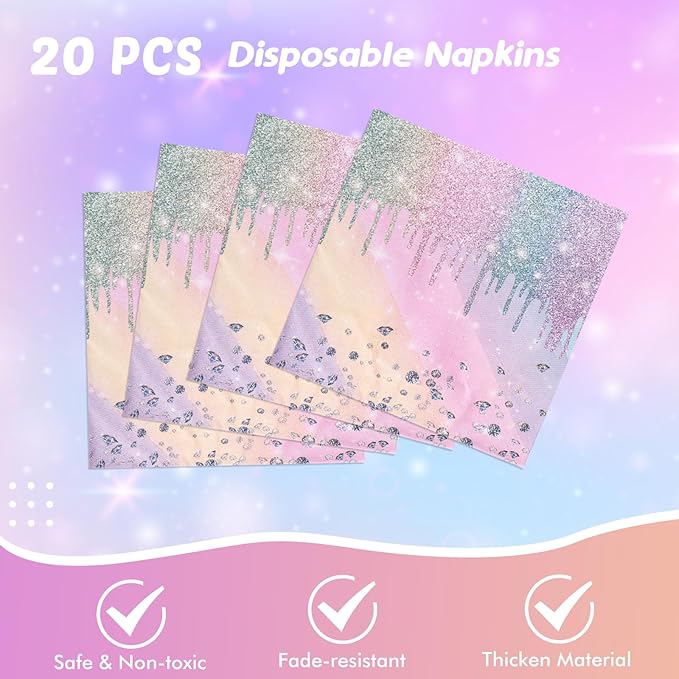 Iridescent Diamond Birthday Party Supplies Decorations, Disposable Holographic Paper Tableware Includes 20 Plates 20 Napkins and 1 Tablecloth for Girls Kids Birthday Theme Party, Serve 20