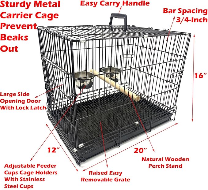 Durable Easy Portable Collapsible Metal Travel or Veterinary Collapsable Parrot Bird Carrier Beaks-Proof Easy Clean Carrier Cage with Stainless Steel Feeder Bowls Natural Wooden Perch