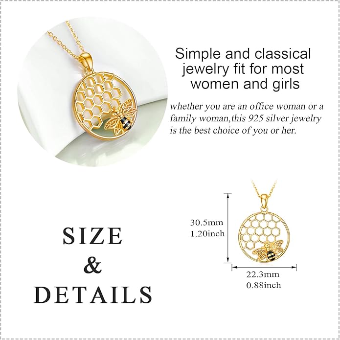 LUHE Bee Necklace 925 Sterling Silver Honeycomb Cute Flower Pendant Necklaces for Women Gifts for Her Women
