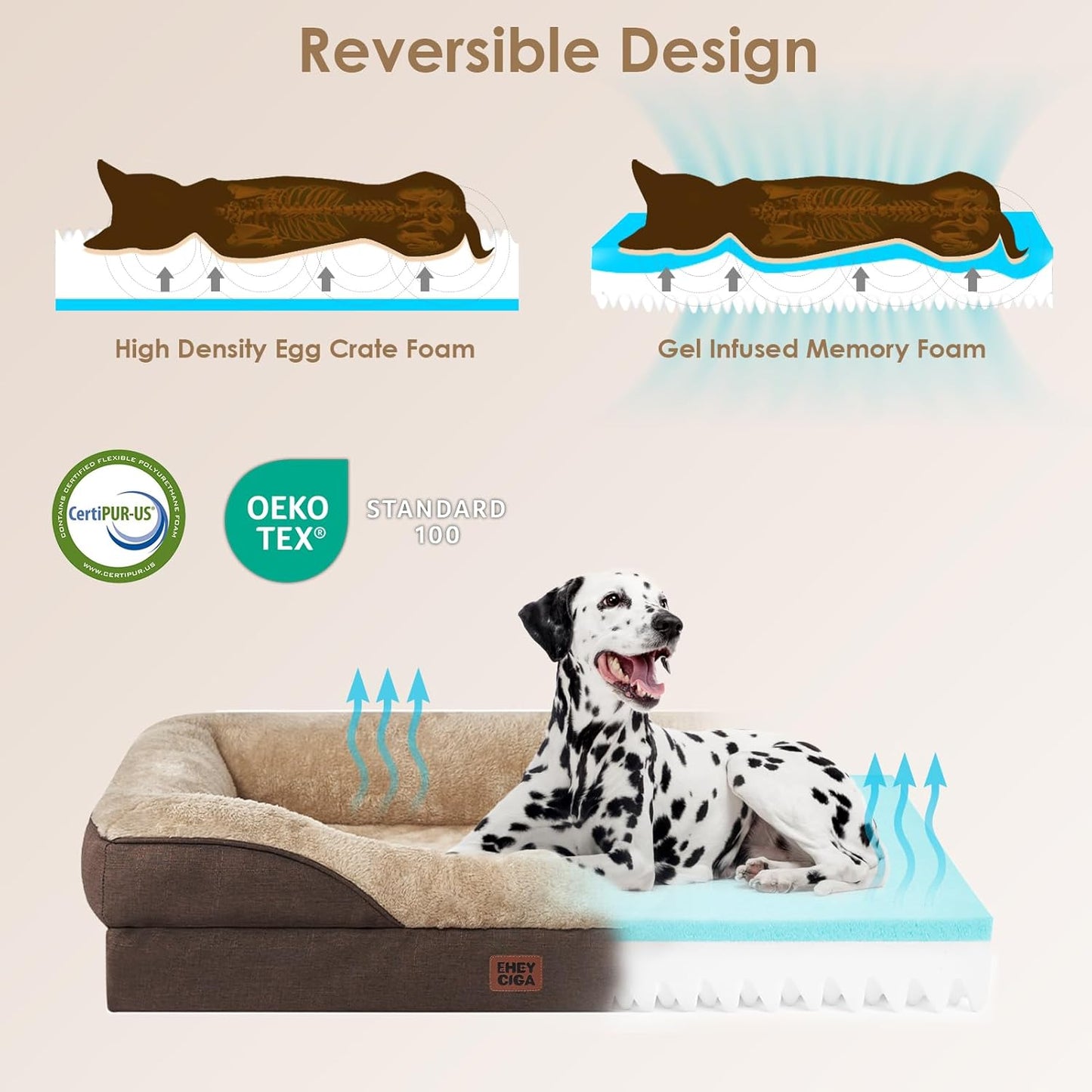 EHEYCIGA Memory Foam XXL Dog Bed for XLarge Sized, Extra Large Orthopedic Dog Sofa with Sides and Waterproof Liner, Washable Bolster Pet Couch with Removable Cover, 52x41x8 Inch, Brown
